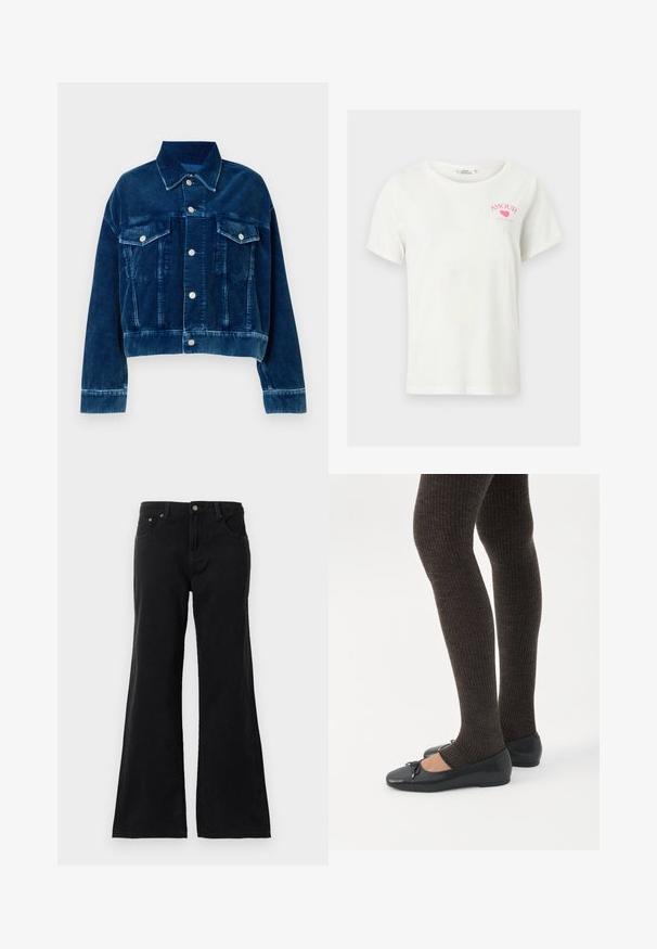 Blauwe corduroy cropped jas met een kraag, twee borstzakken en zilveren drukknoopsluitingen. Textuur met uitgesproken verticale strepen.; Witte T-shirt met korte mouwen, met een roze hart en de tekst "AMOUR SINCE 1991" op de linkerborst.; Zwarte hoge taille denim jeans met vijf zakken en uitlopende benen, weergegeven op een witte achtergrond.; Benen met donkere geribbelde leggings gecombineerd met zwarte ballerina's met kleine strikdetails op een witte achtergrond.