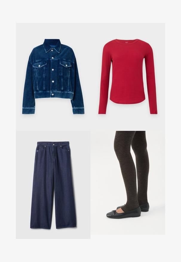 Chaqueta de corté en terciopelo azul con cuello tipo camisa, dos bolsillos en el pecho y botones a presión plateados. Se destacan las rayas verticales texturizadas.; Camiseta roja de manga larga con cuello redondo acanalado, dobladillo curvado, silueta ajustada y etiqueta de GAP en el interior del cuello.; Vaqueros de mezclilla azul oscuro de pierna ancha con textura suave, diseño de cinco bolsillos, cierre con botón metálico y detalles cosidos a lo largo de las costuras.; Piernas con leggings oscuros acanalados combinados con bailarinas negras que presentan pequeños detalles de lazo sobre un fondo blanco.