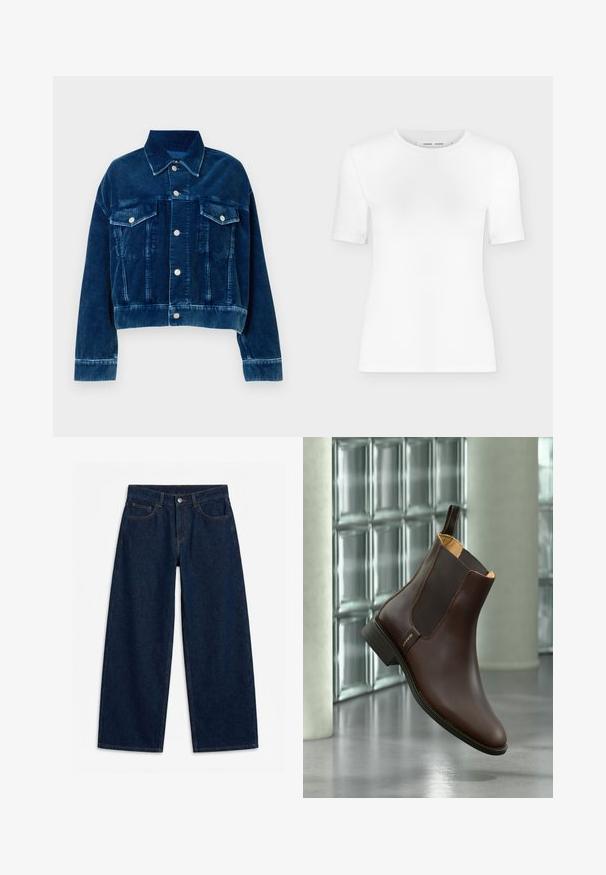 Chaqueta de corté en terciopelo azul con cuello tipo camisa, dos bolsillos en el pecho y botones a presión plateados. Se destacan las rayas verticales texturizadas.; Camiseta blanca de manga corta con cuello redondo, ajuste slim y textura de tejido acanalado, mostrada sobre un fondo liso gris claro.; Vaqueros denim azul oscuro de pierna ancha con botón delantero y cremallera, trabillas para cinturón y diseño de cinco bolsillos, colocados planos sobre un fondo blanco.; Bota Chelsea de cuero marrón oscuro con paneles laterales elásticos negros, lengüeta para tirar y tacón bajo, mostrada sobre un fondo de pared de bloques de vidrio.