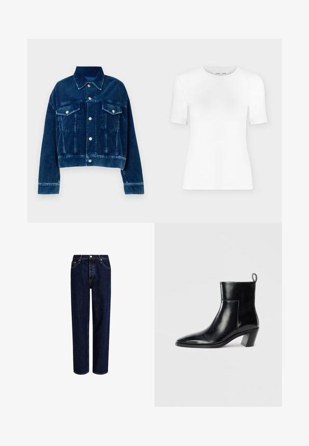 Blå fløjl cropped jakke med krave, to brystlommer og sølvfarvede trykknapper. Teksturerede lodrette striber er fremtrædende.; Hvid T-shirt med rund hals, korte ærmer, slank pasform og ribbet stofstruktur, vist på en ensfarvet lys grå baggrund.; Mørkeblå denim jeans med lige ben-design, der har høj talje, fem-lomme-stil og kontrastsyninger. Ingen dekorationer.; Sort læder ankelstøvle med spids tå, geometrisk stablet hæl og en løftestrop bagpå. Glat tekstur og slankt design.