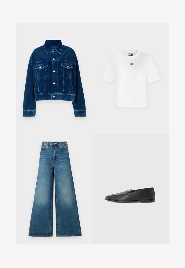 Blauwe corduroy cropped jas met een kraag, twee borstzakken en zilveren drukknoopsluitingen. Textuur met uitgesproken verticale strepen.; Wit T-shirt met korte mouwen en ronde hals met een klein rechthoekig Tommy Jeans-logo in rood, wit en marineblauw, gecentreerd op de borst.; Hoge taille wijde jeans in vervaagd blauw denim, met een knopen sluiting, riemlussen en twee voorzakken.; Zwarte leren loafers met een gladde textuur, een afgeronde neus en subtiele stiksel details. Voorzien van een gouden logomerk aan de bovenzijde.