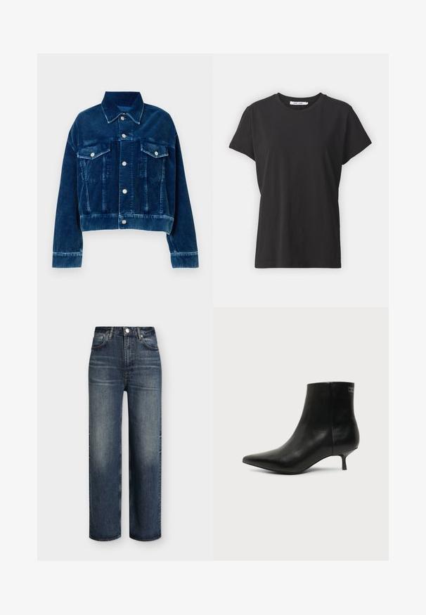 Blauwe corduroy cropped jas met een kraag, twee borstzakken en zilveren drukknoopsluitingen. Textuur met uitgesproken verticale strepen.; Zwarte katoenen t-shirt met een klassieke ronde hals, korte mouwen en een ontspannen pasvorm. Soepele textuur, geen zichtbare patronen of accenten.; Donkerblauwe jeans met hoge taille en rechte pijpen, met voorzakken, ceintuurlussen, knoopsluiting en subtiele vervaagde details op dijen en knieën.; Zwart leren enkellaars met puntige neus en lage kittenhak op lichte achtergrond, zijaanzicht buitenkant.