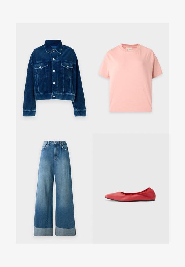 Blå fløjl cropped jakke med krave, to brystlommer og sølvfarvede trykknapper. Teksturerede lodrette striber er fremtrædende.; Lyserød T-shirt med korte ærmer, rund hals, lige pasform og et lille tone-i-tone broderet logo nær nederste kant.; Højtaljede, brede blå denimjeans med forlommer, knaplukning og synlige, falmede kantdetaljer ved kanten.; Filippa K REY FLATS - Ballerinasko - bright red