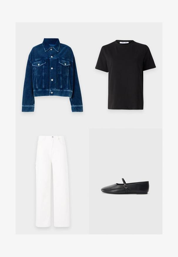 Chaqueta de corté en terciopelo azul con cuello tipo camisa, dos bolsillos en el pecho y botones a presión plateados. Se destacan las rayas verticales texturizadas.; Camiseta negra de manga corta hecha de algodón suave, con un cuello redondo, corte relajado y una textura lisa. Sin patrones ni gráficos visibles.; Pantalones de denim blancos con un diseño de pierna ancha, estilo clásico de cinco bolsillos y una superficie lisa sin patrones ni adornos.; Bailarinas de cuero negro con punta afilada, suela plana y una pequeña correa con detalle de hebilla plateada.