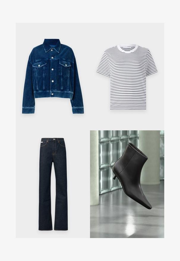 Blauwe corduroy cropped jas met een kraag, twee borstzakken en zilveren drukknoopsluitingen. Textuur met uitgesproken verticale strepen.; Witte T-shirt met zwarte horizontale strepen, ronde halslijn, korte mouwen en een relaxte pasvorm. Katoenen materiaal, eenvoudig ontwerp.; Donkerblauwe spijkerbroek met rechte pijpen, voorzien van oranje stiksels, een knoopsluiting aan de voorkant en een klein label op de tailleband.; Zwarte leren enkellaars met puntige neus en lage hak, afgebeeld tegen een glazen blokkenmuur en gepolijste vloer op de achtergrond.