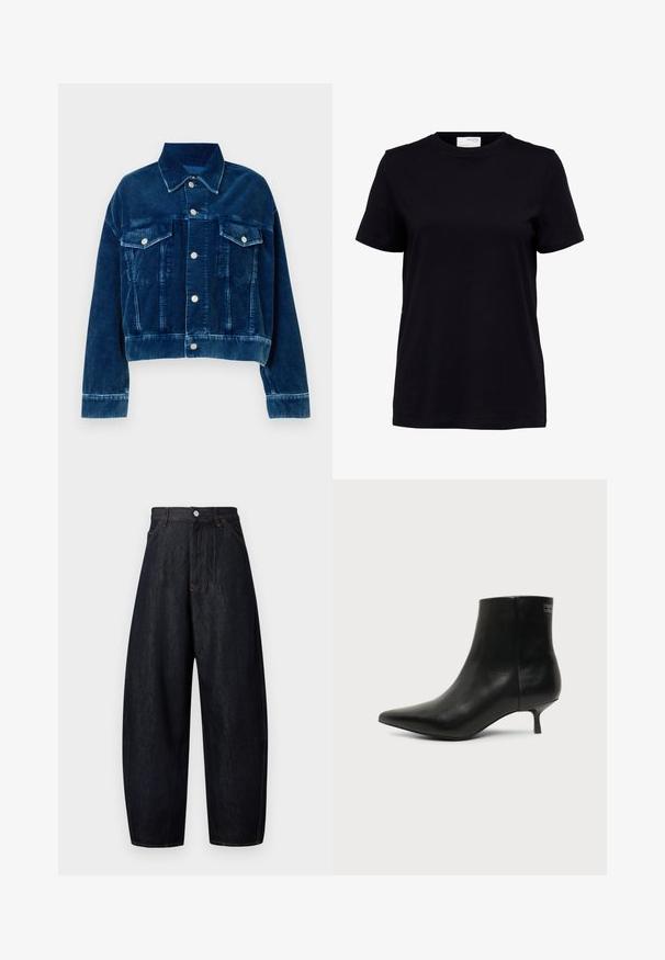 Blauwe corduroy cropped jas met een kraag, twee borstzakken en zilveren drukknoopsluitingen. Textuur met uitgesproken verticale strepen.; Zwart T-shirt met korte mouwen en een ronde hals, rechte zoom en een wit label aan de achterkant binnenin de kraag.; Donkere denim broek met een losse pasvorm, hoge taille en contrasterende oranje stiksels. Voorzien van een knoopsluiting aan de voorkant en zijzakken.; Zwart leren enkellaars met puntige neus en lage kittenhak op lichte achtergrond, zijaanzicht buitenkant.