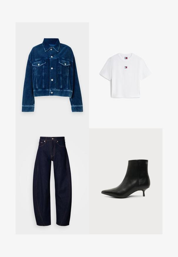 Chaqueta de corté en terciopelo azul con cuello tipo camisa, dos bolsillos en el pecho y botones a presión plateados. Se destacan las rayas verticales texturizadas.; Camiseta blanca de manga corta y corta con pequeño logo de Tommy Jeans y emblema de bandera en el centro delantero bajo el escote.; Pantalones vaqueros de mezclilla azul oscuro con un corte amplio, cintura alta, costuras naranjas, diseño clásico de cinco bolsillos y cierre de botones.; Botín de piel negra con puntera puntiaguda y tacón bajo estilo kitten sobre fondo claro, mostrando vista lateral exterior.