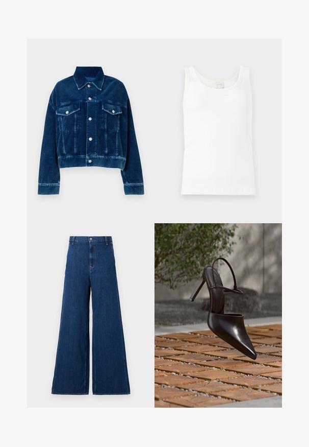 Chaqueta de corté en terciopelo azul con cuello tipo camisa, dos bolsillos en el pecho y botones a presión plateados. Se destacan las rayas verticales texturizadas.; Camiseta sin mangas blanca con textura acanalada, escote redondo y etiqueta de Calvin Klein en el cuello trasero.; Replay PANTS - Vaqueros rectos - dark blue; Zueco negro brillante de tacón alto con puntera puntiaguda y correa en el tobillo, suspendido sobre una superficie de baldosas de terracota con espacios de grava.