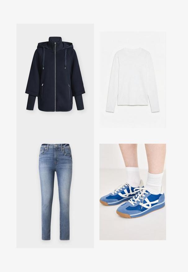 Sweat à capuche zippé bleu marine avec col montant, capuche à cordon de serrage et détails côtelés. Comprend deux poches latérales et une coupe décontractée.; T-shirt blanc uni à manches longues et col rond, posé à plat sur une surface blanche, montrant l'avant et la longueur complète des manches.; Jean taille haute bleu clair avec une coupe slim, dotée de cinq poches et d'une fermeture éclair, fabriquée en denim avec une texture lisse.; Baskets de sport bleues avec une tige en daim et en mesh, accents blancs, lacets plats et semelles en caoutchouc gomme, accompagnées de chaussettes blanches à côtes.