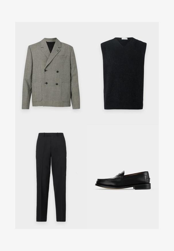 Blazer croisé à motif à carreaux noir et blanc, avec un col cranté, deux poches avant et des accents de boutons noirs.; Pull noir sans manches en V en matière douce, avec une coupe épurée et simple, sans accents ni motifs supplémentaires.; Theory STRAIGHT - Pantalon classique - deep black; Mocassin homme en cuir noir avec un petit talon et une couture de style mocassin sur l'avant, vu de côté sur un fond uni.