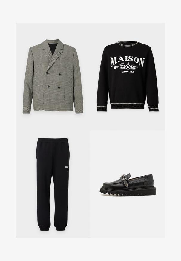 Dubbelzijdige blazer in zwart-wit ruitpatroon, met een reverskraag, twee voorkwasten en zwarte knoopaccenten.; Zwarte trui met lange mouwen met witte tekst "MAISON," afbeelding met "6," en "Margiela,", met witgestreepte biezen bij de kraag, manchetten en zoom.; Zwarte sweatpants met een elastische tailleband en boorden, met een klein wit "Moschino" logo op de bovenste linker dij.; Zwarte leren loafers met zilveren hardware accenten, een verhoogde zigzag zool en een slanke, afgeronde uitstraling; gladde textuur en glanzende afwerking.