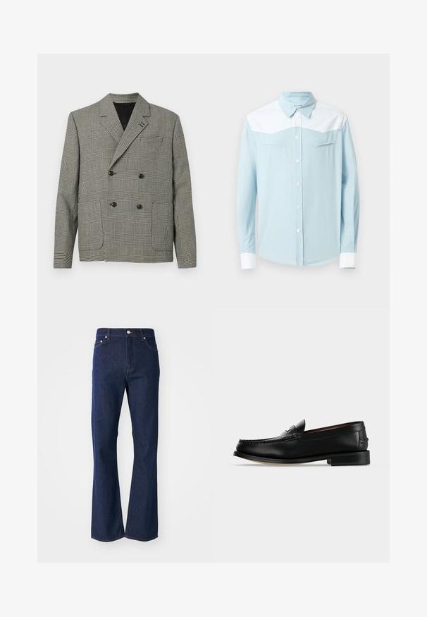 Blazer croisé à motif à carreaux noir et blanc, avec un col cranté, deux poches avant et des accents de boutons noirs.; Chemise à boutons bleu clair avec empiècement blanc aux épaules et aux poignets, col pointu, et deux poches poitrine horizontales avec des coutures en forme de flèche.; Jean en denim bleu foncé taille haute, coupe droite et design cinq poches sur un fond clair uni.; Mocassin homme en cuir noir avec un petit talon et une couture de style mocassin sur l'avant, vu de côté sur un fond uni.