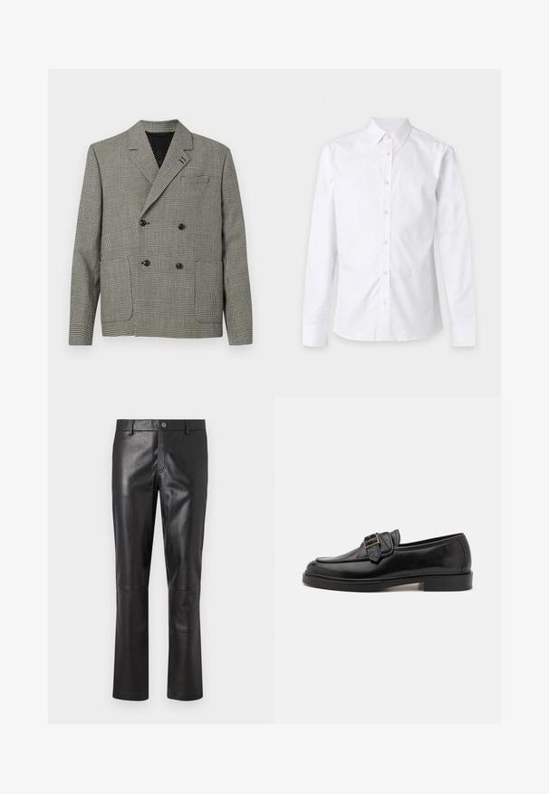 Blazer croisé à motif à carreaux noir et blanc, avec un col cranté, deux poches avant et des accents de boutons noirs.; Chemise blanche à manches longues avec boutons, col et poignets, présentée à plat sur un fond clair uni.; Pantalon en cuir noir avec une texture lisse, design à jambes droites et couture subtile le long des coutures. Présente une fermeture à bouton à la taille.; Mocassins en cuir noir avec un bout arrondi et une boucle décorative. Talon plat, solide et texture lisse sur l'ensemble.