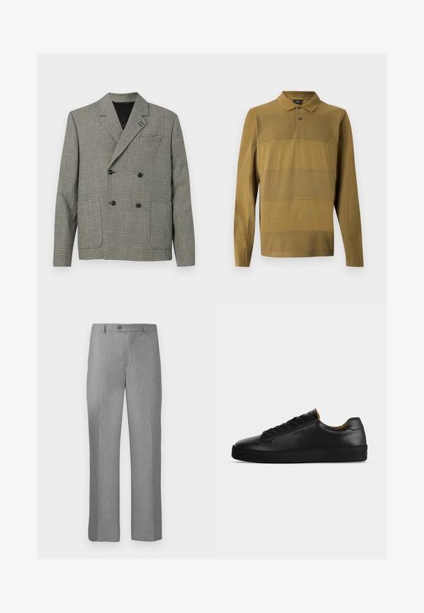 Dubbelzijdige blazer in zwart-wit ruitpatroon, met een reverskraag, twee voorkwasten en zwarte knoopaccenten.; Olijfgroene poloshirt met lange mouwen, voorzien van een kraag met twee knopen en subtiele horizontale stikseldetails.; Grijze op maat gemaakte dresspantalon met riemlussen, voorste knoop en rits, met een recht gesneden pijp.; Zwarte lage leren sneaker met zwarte veters, gestructureerde rubberen zool en klein geperst logo aan de zijkant, zijaanzicht tegen een grijze achtergrond.