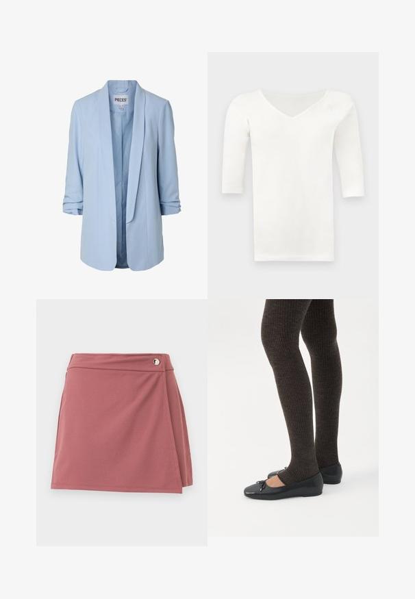 Veste blazer pour femme bleu clair avec manches retroussées et devant ouvert, dotée d'un col lisse et d'une doublure intérieure.; Chemise blanche à col en V et manches longues avec une coupe ajustée, présentée à plat sur un fond gris clair.; Jupe portefeuille courte en rose poussiéreux avec un petit bouton argenté près de la ceinture sur un fond clair uni.; Jambes portant des leggings côtelés foncés associés à des ballerines noires avec de petits détails en nœud sur fond blanc.