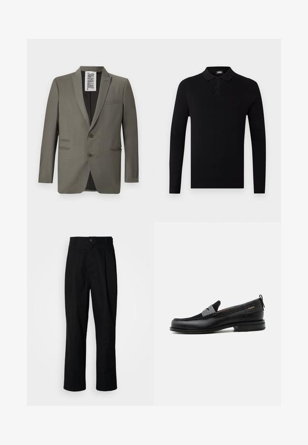 Blazer gris con un corte entallado, dos botones, solapas de muesca y bolsillos laterales; textura suave con un brillo sutil.; Camisa polo de manga larga negra con textura acanalada, tapeta de tres botones y un cuello suave. Diseño simple y versátil.; Pantalones rectos negros con cintura con botones, trabillas para cinturón y pliegue frontal, exhibidos sobre un fondo blanco liso.; Mocasín de cuero negro con detalle de tira gris, tacón bajo y suela texturizada, con la marca "HUGO" en oro en el lateral.