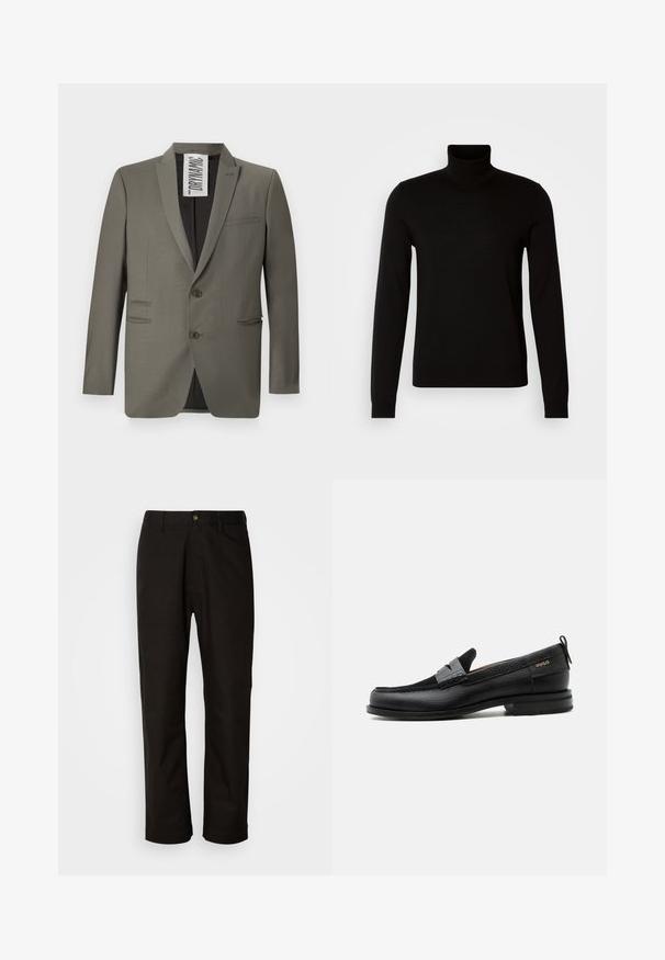 Blazer gris con un corte entallado, dos botones, solapas de muesca y bolsillos laterales; textura suave con un brillo sutil.; Suéter negro de cuello alto confeccionado en un tejido de punto fino, con mangas largas y una silueta ajustada. Textura suave con puños acanalados.; Pantalones de algodón negros con corte recto, presillas para el cinturón, cremallera frontal y un solo botón de cierre. Textura suave sin patrones visibles.; Mocasín de cuero negro con detalle de tira gris, tacón bajo y suela texturizada, con la marca "HUGO" en oro en el lateral.