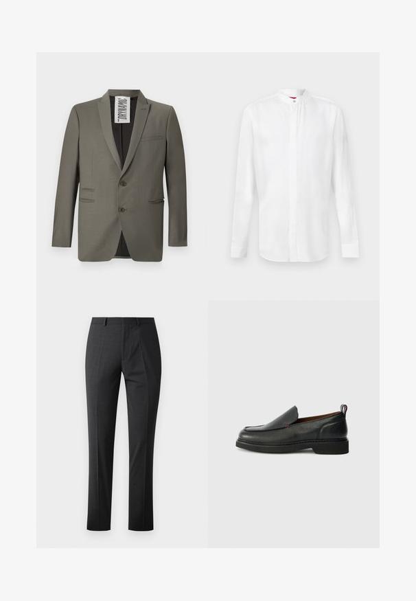 Grå blazer med skræddersyet pasform, to knapper, stiklapeller og sidelommer; glat tekstur med en subtil glans.; Hvid skjorte med lange ærmer og ståkrave samt skjult knapperække, vist mod en ensartet lys baggrund.; Skræddersyede mørkegrå bukser med en glat tekstur, slim fit, flad front og standard talje. Har pressede folder og ingen synlige mønstre.; Sorte læder slip-on sko med rund tå, struktureret overdel, kontrasterende rød syning og lav hæl. Funktioner en løkke pull tab.