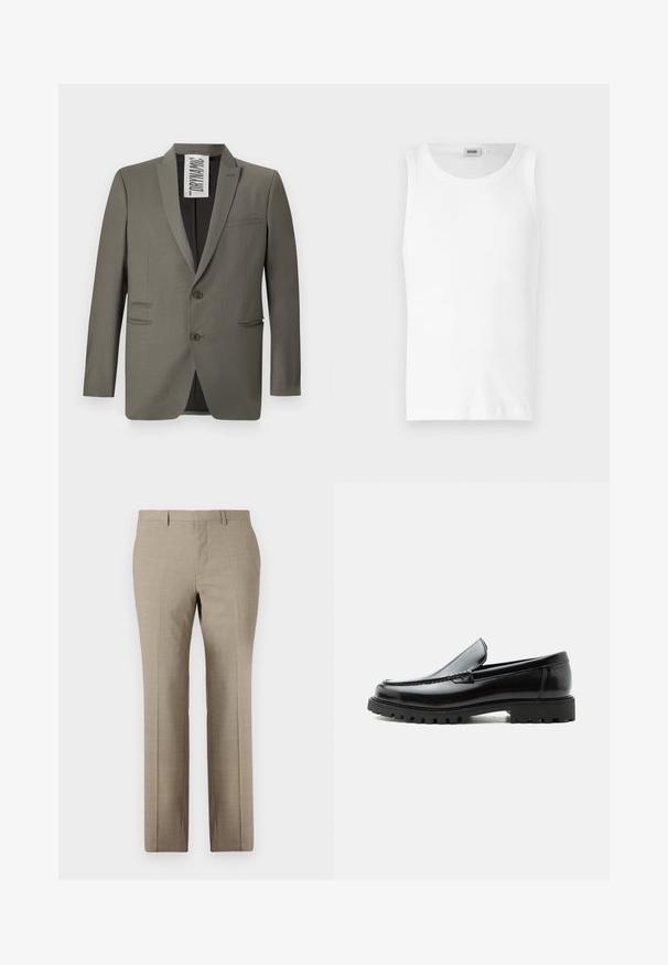 Blazer gris con un corte entallado, dos botones, solapas de muesca y bolsillos laterales; textura suave con un brillo sutil.; Camiseta sin mangas de algodón blanco con cuello redondo y una textura suave. Diseño sencillo, sin patrones ni acentos.; Pantalones beige a medida con una textura suave, diseño de pierna recta, un sutil patrón de cuadro y frente plano. Incluye dos bolsillos traseros.; Mocasín de cuero negro con suela de goma gruesa, empeine cosido y nombre de la marca en relieve en el talón, mostrado en perfil lateral sobre fondo blanco.