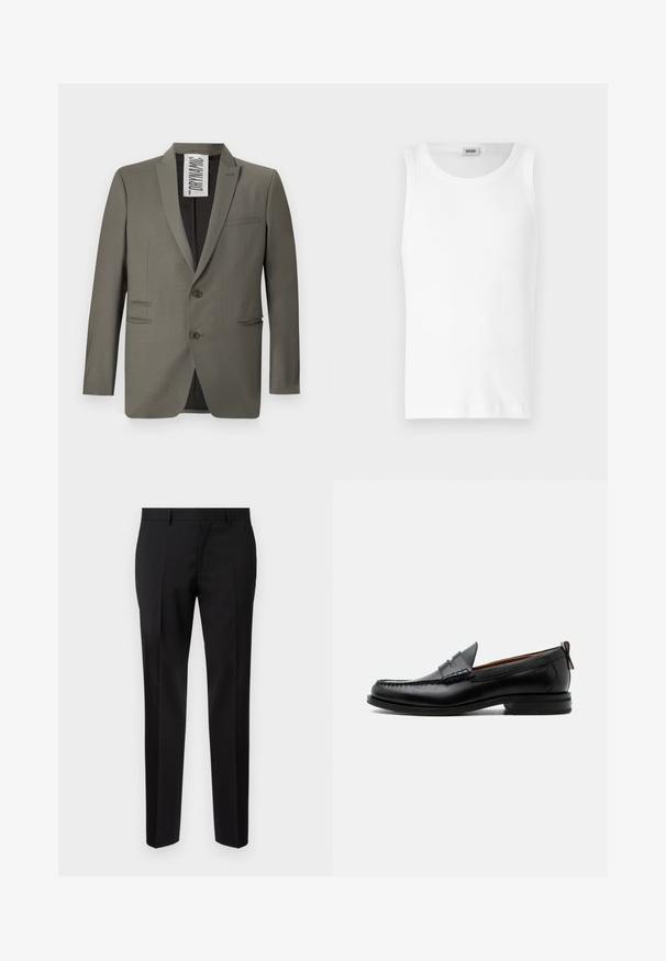 Grå blazer med skræddersyet pasform, to knapper, stiklapeller og sidelommer; glat tekstur med en subtil glans.; Hvid bomulds tanktop uden ærmer med rund halsudskæring og en glat tekstur. Enkel design, ingen mønstre eller accenter.; Sorte skræddersyede bukser lavet af glat stof, med lige ben, raffinerede folder og en klassisk talje med bæltestropper.; Sort læder herre loafer med moc-tå syning, penny strop, struktureret krave og lav stablet hæl på hvid baggrund.