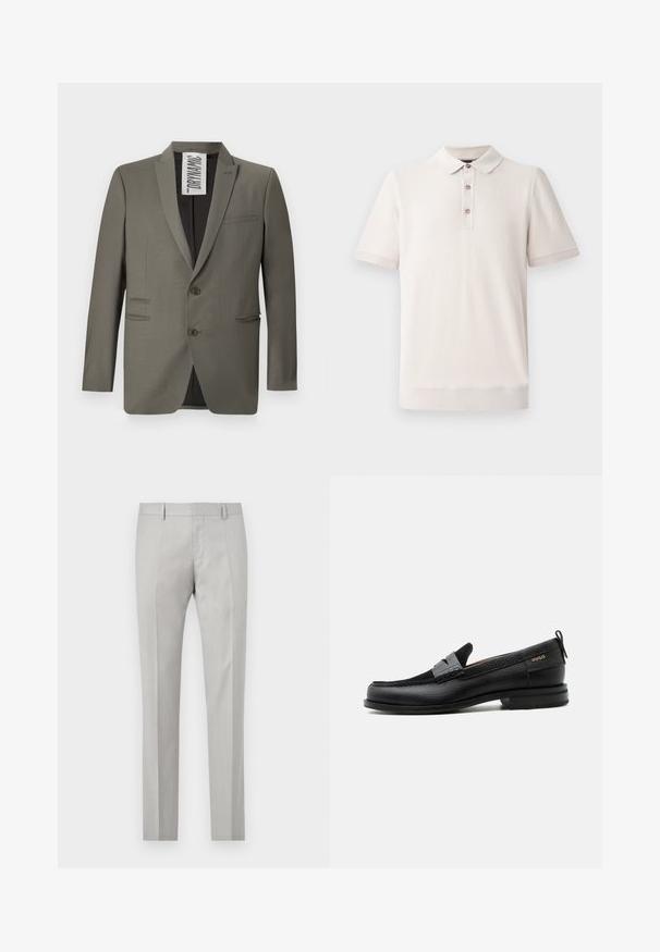Grå blazer med skræddersyet pasform, to knapper, stiklapeller og sidelommer; glat tekstur med en subtil glans.; Kortærmet polo-shirt i lys beige, tekstureret materiale med krave og tre knaplukninger; ribbede detaljer ved ærmer og kant.; Lys grå skræddersyede bukser med en glat tekstur, flad front og to sidelommer. Har lige ben og subtile plissé-detaljer.; Sort læderloafer med grå remdetalje, lav hæl og tekstureret sål, mærket med "HUGO" i guld på siden.