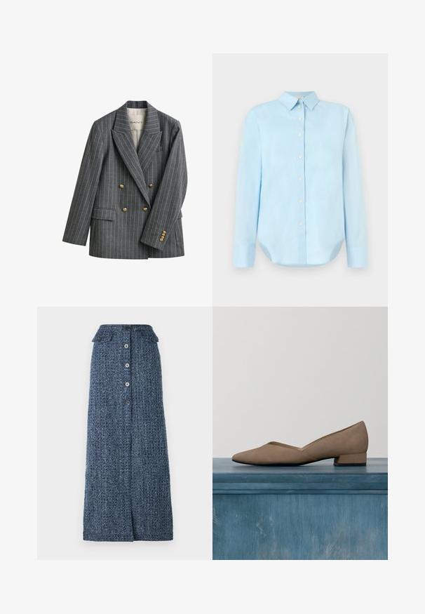 Blazer croisé gris à fines rayures avec boutons dorés et col à revers cranté, avec une étiquette à l'intérieur du col indiquant GANT.; Chemise boutonnee bleu clair avec des manches longues, un col, un ourlet arrondi et cinq boutons à l'avant ; fabriquée en tissu lisse et léger.; Jupe maxi en denim bleu foncé avec une finition texturée, dotée d'une fermeture à boutons sur le devant, de deux poches à rabat et d'une légère fente frontale.; Chaussure beige en suede à talons moyens avec un bout pointu et un design angulaire. Dotée d'un accent de talon noir fin et d'une doublure intérieure lisse.