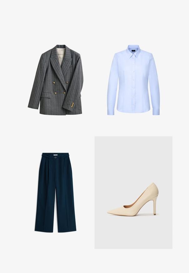 Blazer croisé gris à fines rayures avec boutons dorés et col à revers cranté, avec une étiquette à l'intérieur du col indiquant GANT.; Chemise bleu clair à manches longues avec boutons, col pointu et taille ajustée, présentée sur fond blanc.; Pantalon à jambes larges bleu marine avec taille haute, passants de ceinture et une fine ceinture ornée d'une petite boucle circulaire.; Escarpin en cuir beige à talon haut avec un bout pointu et un détail découpé sur le côté, possédant un talon stiletto fin pour le soutien.