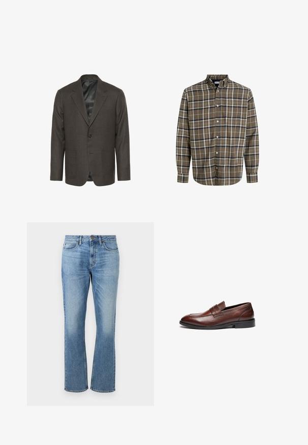 Blazer de lana gris oscuro con solapa muesca, cierre de un solo botón, dos bolsillos frontales y un forro interior suave.; Camisa de cuadros marrón con cuello abotonado, que presenta delgadas líneas azules y crema, de manga larga y con un bolsillo en el pecho izquierdo.; Vaqueros de mezclilla azul claro con un diseño de pierna recta, que presentan un cierre de botón delantero, cinco bolsillos y áreas desgastadas para dar textura.; Mocasines de cuero marrón con un acabado suave, puntera redondeada, tira decorativa y suela de goma negra. Presentan un detalle de costura mínima.