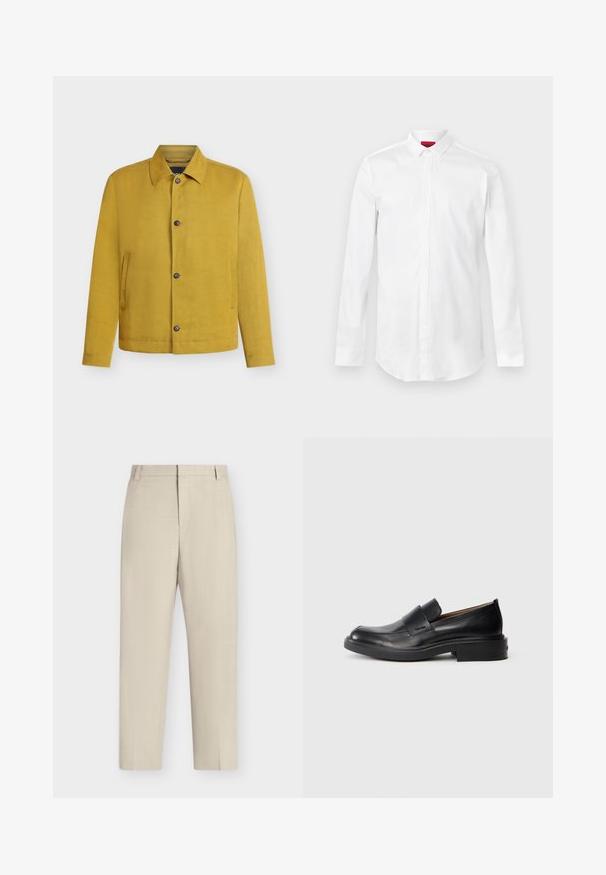 Veste jaune moutarde boutonnée avec manches longues, col et deux poches latérales verticales, affichée sur un fond clair uni.; Chemise blanche à manches longues avec col pointu et patte de boutonnage cachée, présentée sur un fond clair uni.; Pantalon beige à jambe droite avec passants de ceinture, fermeture éclair à l’avant et coupe ajustée sur un fond blanc uni.; Chaussure habillée noire en cuir, à enfiler, avec un petit talon et un logo Calvin Klein discret sur le côté, présentée de profil sur un fond blanc.