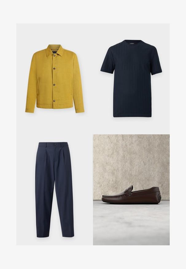 Veste jaune moutarde boutonnée avec manches longues, col et deux poches latérales verticales, affichée sur un fond clair uni.; T-shirt bleu marine à manches courtes et col rond, avec une subtile texture côtelée verticale, sur un fond uni.; Pantalons ajustés bleu marine avec plis, en tissu lisse. Dotés d'une fermeture à bouton et d'une coupe fuselée.; Mocassins en cuir marron avec une finition lisse, des coutures de style mocassin, un bout rehaussé et une semelle en caoutchouc basse et flexible.