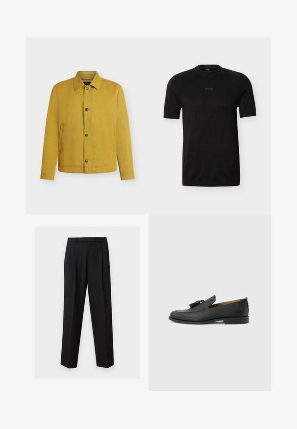 Veste jaune moutarde boutonnée avec manches longues, col et deux poches latérales verticales, affichée sur un fond clair uni.; T-shirt noir à manches courtes avec col rond, logo "BOSS" subtil centré sur la poitrine, en tissu fin tricoté.; Pantalon noir sur mesure avec jambes droites, plis à la taille, passants de ceinture et poches latérales fendues, présenté sur un fond uni.; Mocassin pour homme en cuir noir avec pompons, bout arrondi, petit talon et languette à l'arrière, présenté de profil sur un fond gris clair.
