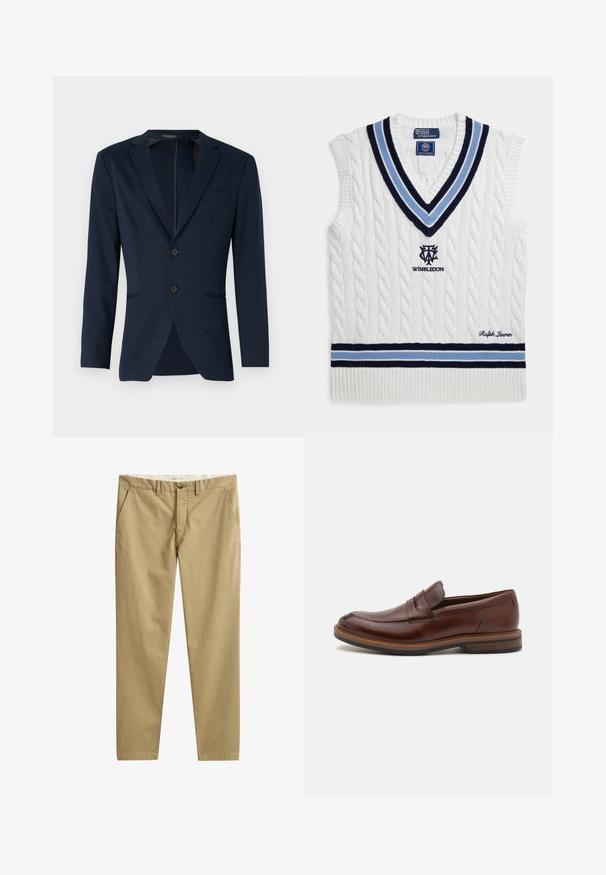 Tummansininen pukuverho, jossa on satiinireunus, kaksi etupainiketta ja yksi rintatasku, valmistettu sileästä kankaasta. Slim fit -malli.; Valkoinen kaapelineuleinen hihaton neuleliivi, jossa sinisiä ja mustia raitoja, Wimbledonin logo ja Ralph Laurenin kirjailu.; Beigen väriset suoralahkeiset vapaa-ajan housut, joissa sivutaskut, vyölenkit, nappikiinnitys ja vetoketjukiinnitys, valmistettu GANT-brändillä.; Ruske nahkate pohodnice s glatkom završnom obradom, koje imaju šivani dizajn, stil slip-on i teksturiranu gumenu đon za prianjanje.