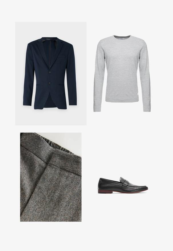 Mørkeblå blazer med klapkrave, to frontknapper og en enkelt brystlomme, lavet af et glat stof. Skræddersyet pasform.; Lys grå sweater, lange ærmer, rund hals, blød tekstur, minimalistisk design, lille logomærke på den nederste venstre søm.; Grå uldblandingsbukser med en glat tekstur, der har en bred talje og en ren, klassisk pasform. Subtile farveprikker er til stede.; Sorte læder loafers med en glat tekstur, der har en syet detalje og en lav træhæl med en rød accent.