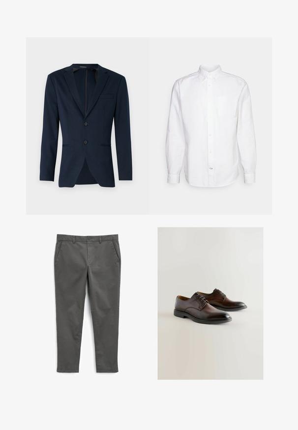 Navyblaues Blazer mit Reverskragen, zwei Frontknöpfen und einer einzelnen Brusttasche, aus einem glatten Stoff gefertigt. Passform: tailliert.; GAP STANDARD OXFORD - Hemd - white; Next STRETCH - Chino - dark grey; Braune Leder-Classic-Schuhe mit glatter Oberfläche, runder Zehenform und Schnürdesign. Schwarze Gummisohle, dezente Nähte entlang der Kanten.
