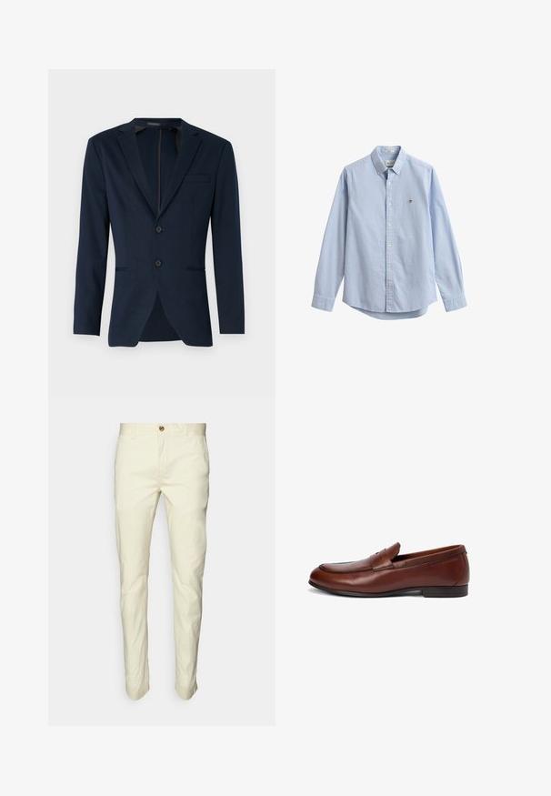 Navyblaues Blazer mit Reverskragen, zwei Frontknöpfen und einer einzelnen Brusttasche, aus einem glatten Stoff gefertigt. Passform: tailliert.; Hellblaues Langarmhemd mit Knopfleiste, spitzem Kragen und kleinem gesticktem Logo auf der linken Brust.; Hellbeige Chinos mit geradem Schnitt, aus Baumwollstoff gefertigt, mit Knopfverschluss und Fronttaschen. Glatte Textur, minimalistische Details.; Brauner Lederloafer mit abgerundetem Zehenbereich, Ziernähten und einem kleinen oberen Riemen. Glatte Oberfläche mit niedrigem rechteckigem Absatz.