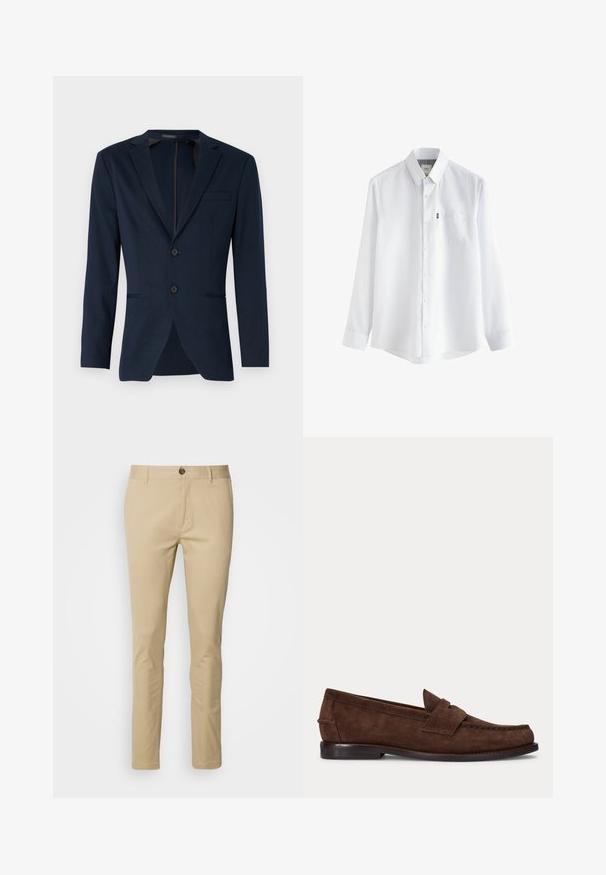 Mørkeblå blazer med klapkrave, to frontknapper og en enkelt brystlomme, lavet af et glat stof. Skræddersyet pasform.; Hvid skjorte med lange ærmer, knapper, krave og brystlomme, vist mod en ensfarvet hvid baggrund.; Beige chinos med slim fit, lavet af bomuld. Har en knaplukning, bæltestropper og diskrete syninger på lommerne.; Brun ruskind penny loafer med lav hæl og synlig syning langs tåen, siden og bagpå, vist på ensartet lys baggrund.