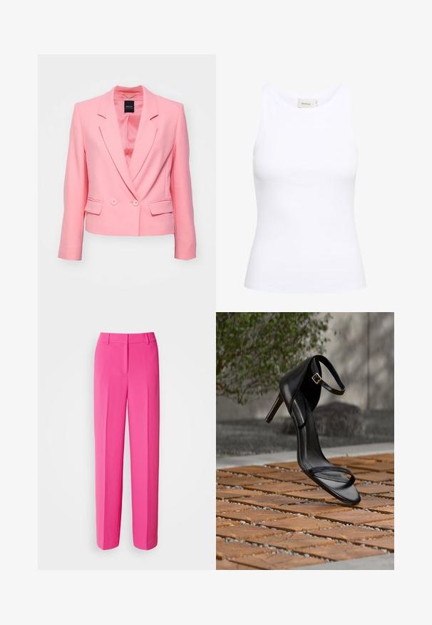 Blazer rose avec un design ajusté, devant à un seul bouton, fermeture à deux boutons et deux poches latérales. Fait en tissu lisse avec des revers crantés.; Débardeur blanc côtelé avec un col rond et sans manches. Tissu extensible et design ajusté. Étiquette au dos indiquant "GESTUZ."; Pantalons tailleur roses éclatants avec une coupe droite, présentant une texture lisse, des plis à l'avant et une taille plate.; Sandale noire à talon haut avec sangle à la cheville, suspendue au-dessus d'un sol en carreaux de bois à l'extérieur, avec un arrière-plan flou de verdure et de pierre.