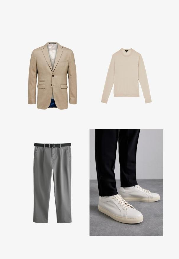 Blazer beige con una tela texturizada, que cuenta con dos bolsillos frontales, un bolsillo en el pecho y un cierre de un solo botón. Forrado en una tela ligera.; Suéter de manga larga color beige claro con cuello redondo. Hecho de un tejido suave, con puños y dobladillo acanalados. Diseño minimalista sin patrones.; Pantalones grises de pierna recta con bolsillos laterales y cinturón negro de cuero, mostrados estirados sobre un fondo blanco.; Zapatillas de cuero color beige claro con cordones planos, una superficie texturizada y una suela de goma color crema en contraste, combinadas con pantalones negros ajustados.
