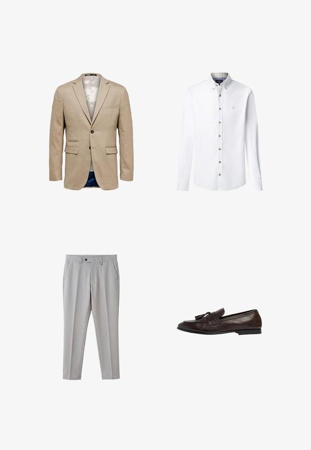 Blazer beige con una tela texturizada, que cuenta con dos bolsillos frontales, un bolsillo en el pecho y un cierre de un solo botón. Forrado en una tela ligera.; Camisa blanca de manga larga con cuello abotonado, botones marrones, logo sutil en el pecho y un forro de cuello interior a cuadros.; Pantalones gris claro a medida con trabillas para cinturón, botón delantero, bolsillos laterales y piernas rectas sobre un fondo blanco.; Mocasines de piel marrón con tacón bajo, con una cinta ancha y borlas decorativas. La textura suave y el diseño clásico mejoran la versatilidad.