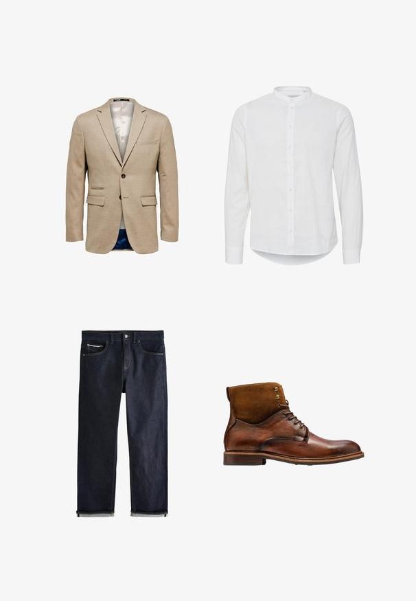 Blazer beige con una tela texturizada, que cuenta con dos bolsillos frontales, un bolsillo en el pecho y un cierre de un solo botón. Forrado en una tela ligera.; Camisa blanca de manga larga con cuello mao, cierre de botones y un dobladillo ligeramente curvado. Fabricada en un tejido de lino ligero.; Vaqueros de mezclilla azul oscuro con puños doblados, cierre de botón y cremallera, bolsillos delanteros y para monedas, y costuras en contraste sobre un fondo blanco.; Kazar ALID - Botines con cordones - brown