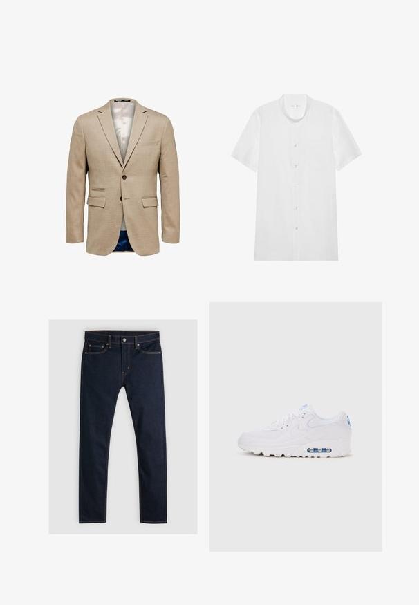 Blazer beige con una tela texturizada, que cuenta con dos bolsillos frontales, un bolsillo en el pecho y un cierre de un solo botón. Forrado en una tela ligera.; Camisa blanca de manga corta y botones, con cuello mao, bolsillo en el pecho, textura suave y botones transparentes.; Levi's® 510® SKINNY - Vaqueros pitillo - dark hollow; Zapatilla baja blanca con amortiguación visible de aire, cierre de cordones y detalles de logo azul en el talón y la lengüeta, vista de lado.