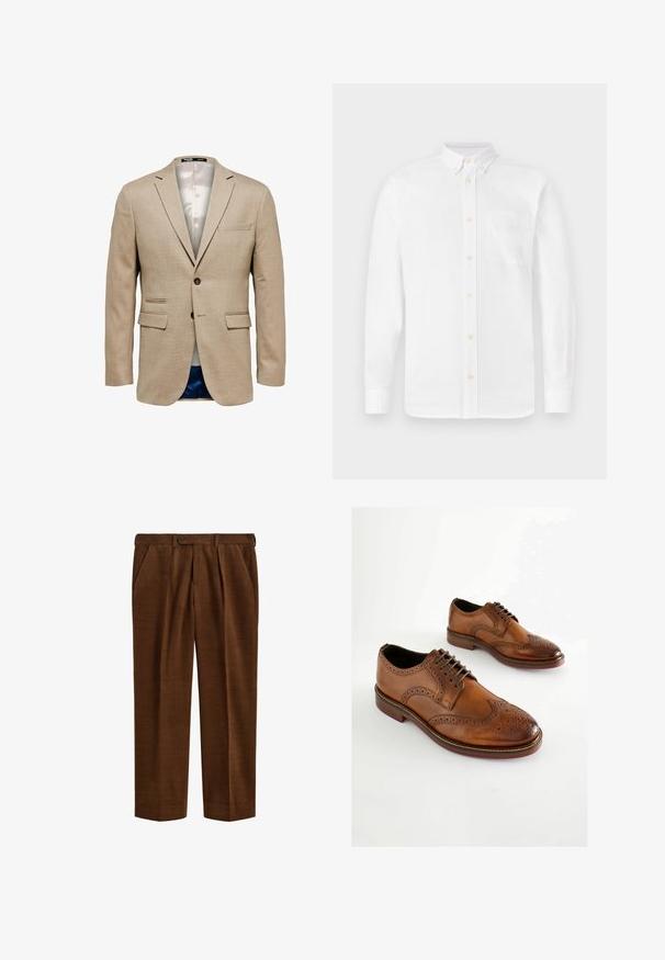 Blazer beige con una tela texturizada, que cuenta con dos bolsillos frontales, un bolsillo en el pecho y un cierre de un solo botón. Forrado en una tela ligera.; Camisa blanca de manga larga con botones, confeccionada en algodón, que presenta un cuello puntiagudo, siete botones y un bolsillo en el pecho con una textura sutil.; Pantalones marrones de pana con pliegues, bolsillos laterales, trabillas para cinturón y cierre con botón en la cintura, mostrados extendidos sobre un fondo blanco.; Zapatos Oxford de cuero marrón con detalles perforados, cierre de cordones y punta redondeada. Textura suave y suela en contraste.