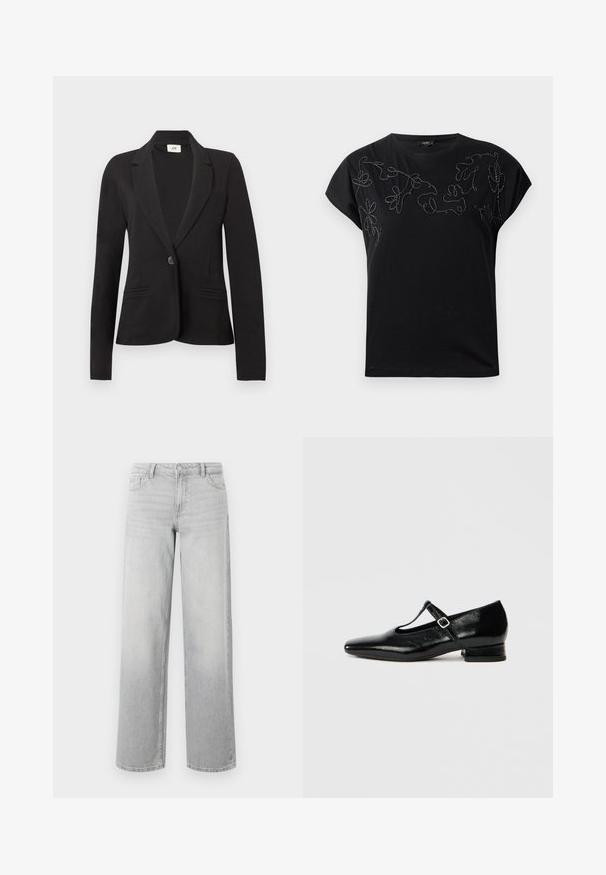 Veste noire à un bouton avec revers crantés et deux poches passepoilées à l'avant, manches longues et taille cintrée.; T-shirt noir à manches courtes avec col rond et broderie florale abstraite en fil noir et blanc cousu sur la poitrine.; Jean large en denim gris clair. Comprend cinq poches, une fermeture à bouton et une texture légèrement délavée pour un look usé.; Chaussures Mary Jane en cuir noir avec bout pointu, petit talon carré et bride ajustable avec une boucle argentée. Texture lisse et brillante.