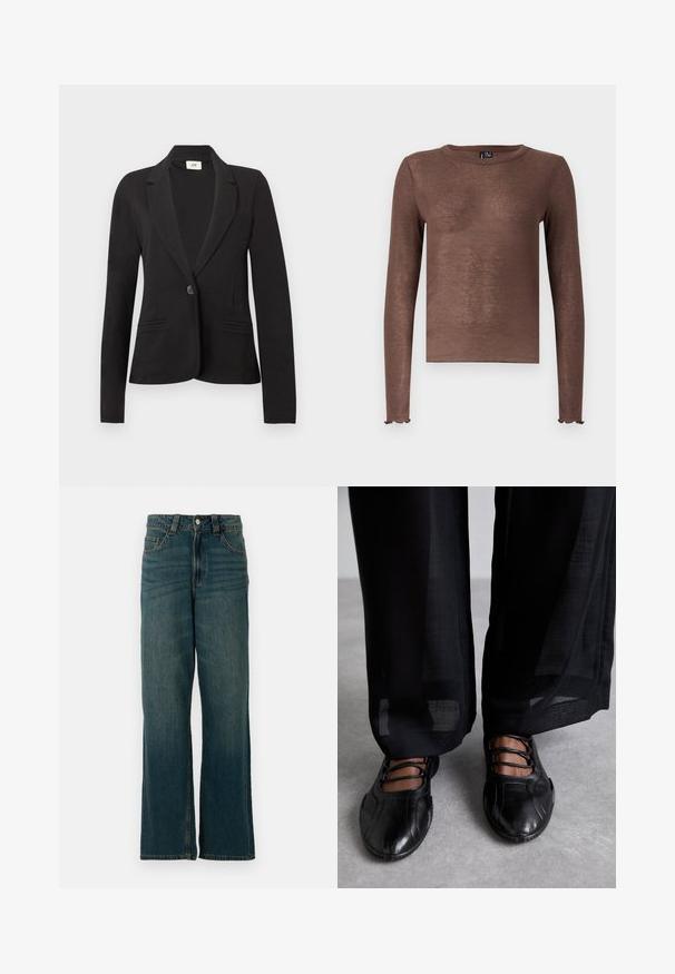 Veste noire à un bouton avec revers crantés et deux poches passepoilées à l'avant, manches longues et taille cintrée.; Haut marron à manches longues avec un col rond, fabriqué dans un matériau doux et légèrement transparent. Il présente des poignets froncés et un ourlet droit.; Jean en denim bleu à jambes droites avec cinq poches et une fermeture à bouton, présenté sur un fond blanc.; MIISTA AVERIE - Babies - black