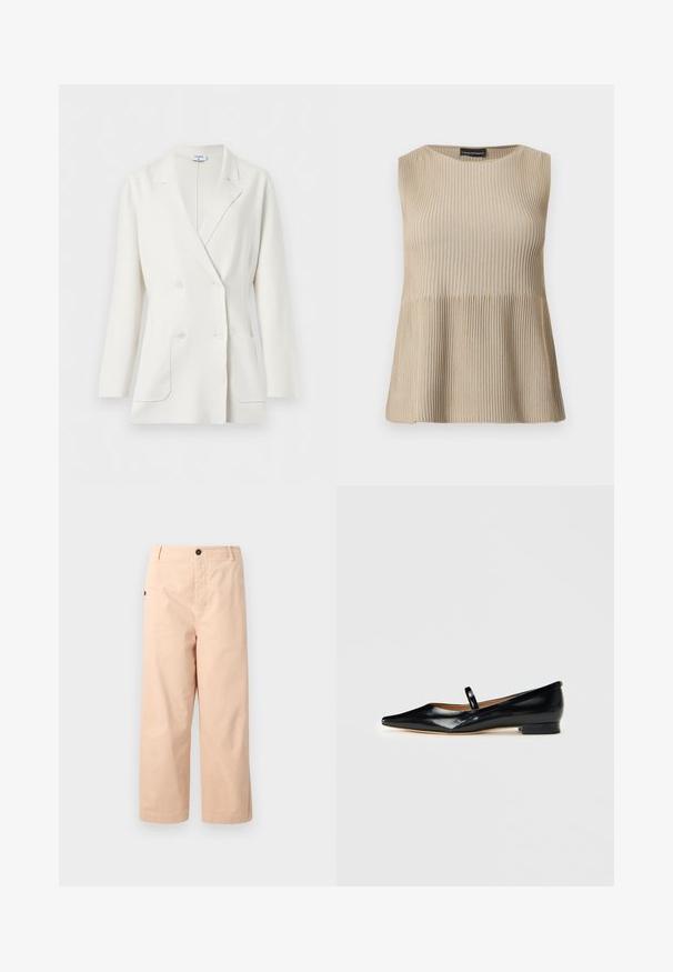 Blazer blanc croisé avec col à revers crantés, manches longues, deux poches avant et quatre boutons blancs de Filippa K.; Haut beige sans manches en maille côtelée avec encolure ronde et ourlet évasé, présenté sur un fond blanc.; Pantalons en coton beige coupe courte avec une coupe droite, dotés d'un bouton unique à la taille et de poches latérales. Texture lisse sans motifs.; Chaussure plate Mary Jane en cuir verni noir, à bout pointu, avec une seule sangle et un petit talon sur fond uni.