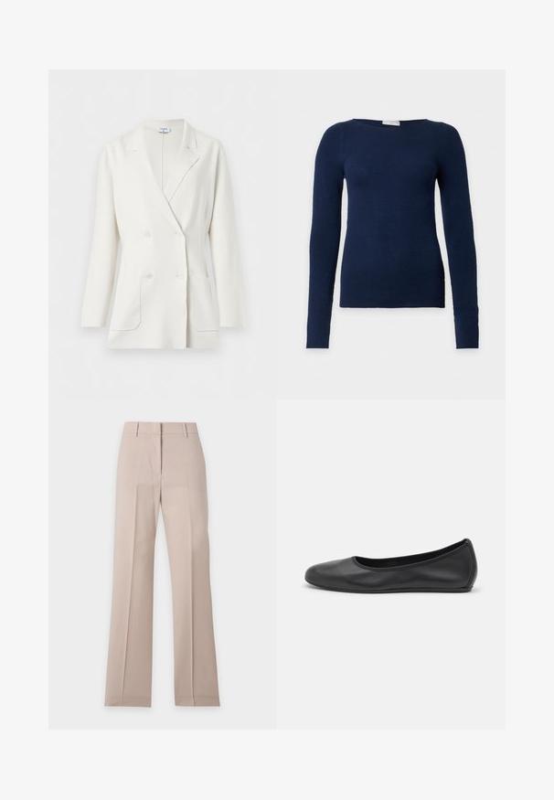 Blazer blanc croisé avec col à revers crantés, manches longues, deux poches avant et quatre boutons blancs de Filippa K.; Pull ajusté bleu marine à manches longues avec encolure ronde et texture en maille fine, présenté sur fond blanc uni.; Pantalon beige à jambes droites avec passants de ceinture et pli devant, présenté à plat sur fond blanc.; Ballerines en cuir noir avec un bout rond, texture lisse, détails de couture minimalistes et design de semelle flexible.