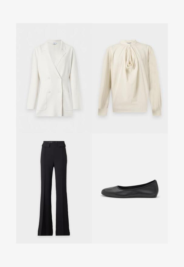 Blazer blanc croisé avec col à revers crantés, manches longues, deux poches avant et quatre boutons blancs de Filippa K.; Blouse crème à manches longues avec détail plissé en forme de trou-de-serrure sur le devant et col montant, fermeture par bouton au niveau du cou et manches avec poignets.; Pantalon noir taille haute sur mesure avec des détails de coutures à l'avant et une petite ceinture à la taille avec fermoirs dorés.; Ballerines en cuir noir avec un bout rond, texture lisse, détails de couture minimalistes et design de semelle flexible.