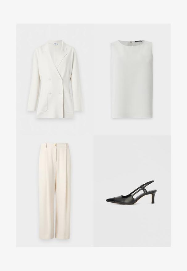 Blazer blanc croisé avec col à revers crantés, manches longues, deux poches avant et quatre boutons blancs de Filippa K.; Blouse blanche sans manches avec encolure ronde et fermeture éclair visible dans le dos, présentée sur fond blanc uni.; Pantalon beige à jambes larges en tissu lisse, doté d'une fermeture à un seul bouton, de poches latérales et d'une coupe décontractée pour un port confortable.; Chaussure à bride arrière en cuir noir avec bout pointu, dotée d'un accent brillant sur le bout et d'un talon de hauteur moyenne. Design latéral ouvert.