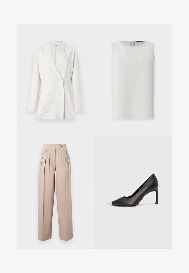 Blazer blanc croisé avec col à revers crantés, manches longues, deux poches avant et quatre boutons blancs de Filippa K.; Blouse blanche sans manches avec encolure ronde et fermeture éclair visible dans le dos, présentée sur fond blanc uni.; Pantalon beige à jambes larges avec plis, deux fermetures métalliques à la taille et une texture lisse en coton. Pas de poches visibles.; Chaussure à talon haut en cuir noir avec bout pointu et capuchon argenté métallique. Présente une finition lisse et un talon fin de 10 cm.