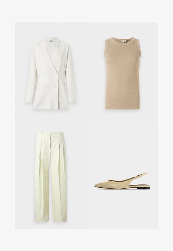 Blazer blanc croisé avec col à revers crantés, manches longues, deux poches avant et quatre boutons blancs de Filippa K.; Top sans manches beige en tissu côtelé avec un col rond, présentant des coutures ton sur ton et un design ajusté.; Pantalon ample couleur crème avec fines rayures verticales, plis à l'avant, poches latérales, et passants pour ceinture.; Chaussure plate beige à bout pointu avec bride arrière, petit talon noir et finition en cuir lisse, vue de côté sur un fond uni.